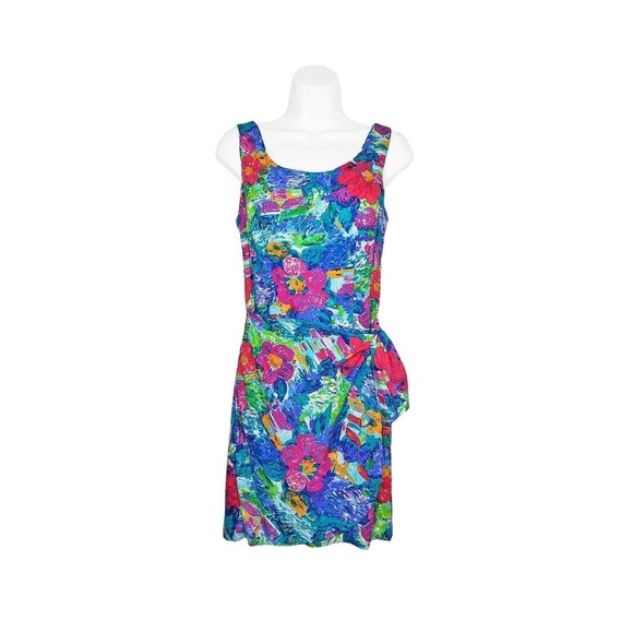 Shok 90s Vintage Dress Faux Wrap Rayon Hawaiian Island Floral Bold Size Small - Picture 1 of 6